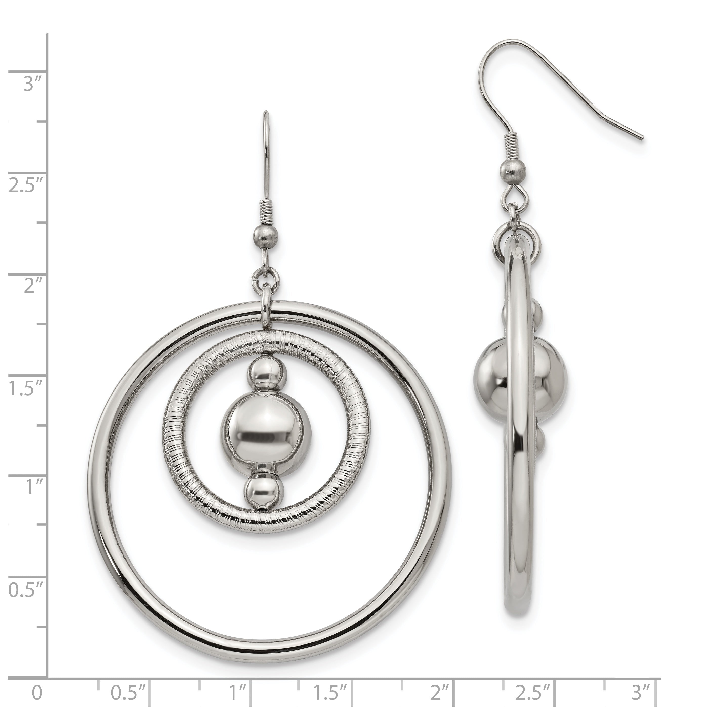 Stainless Steel Polished and Textured Geometric Circle Dangle Earrings