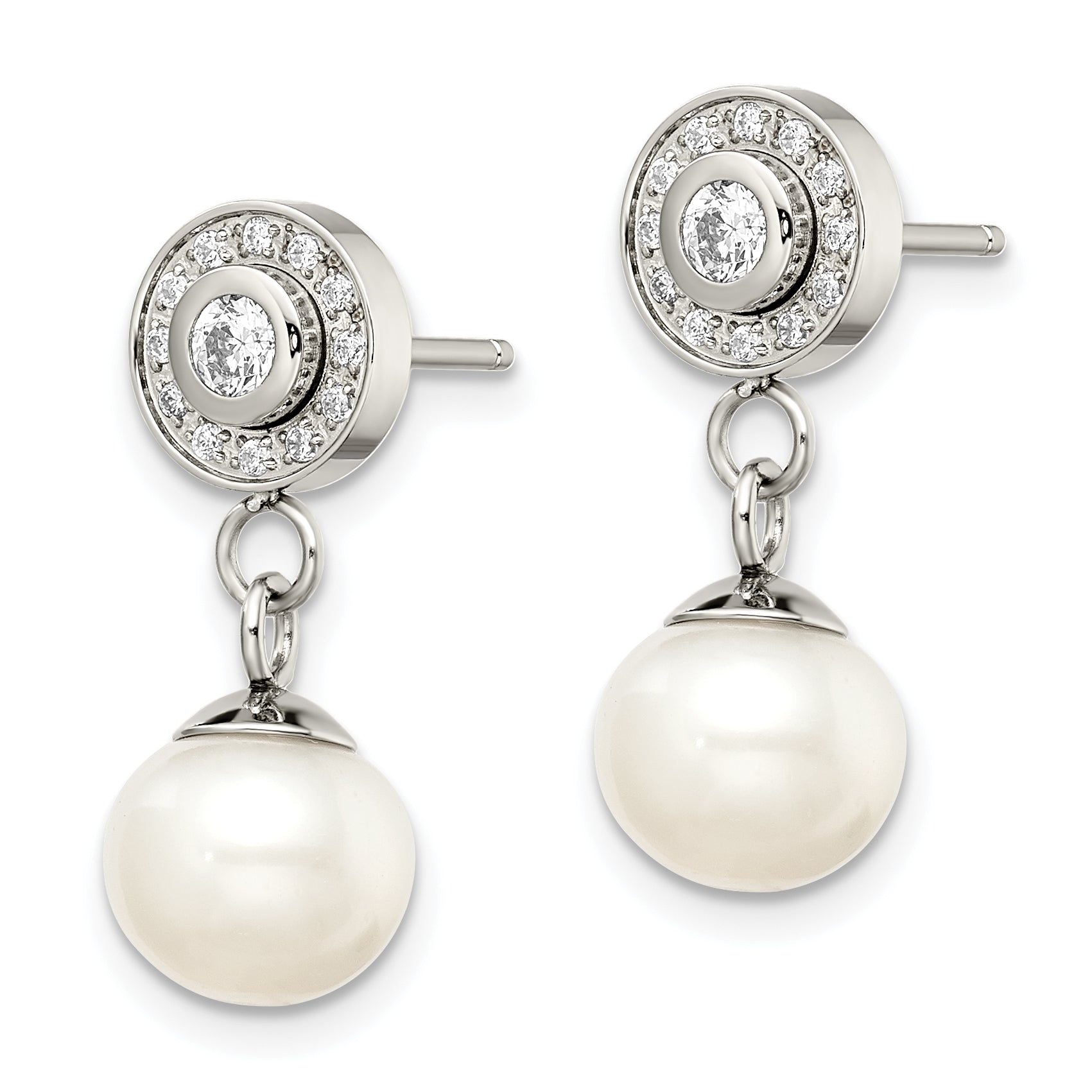 CZ & Freshwater Pearl Dangle Earrings in Stainless Steel