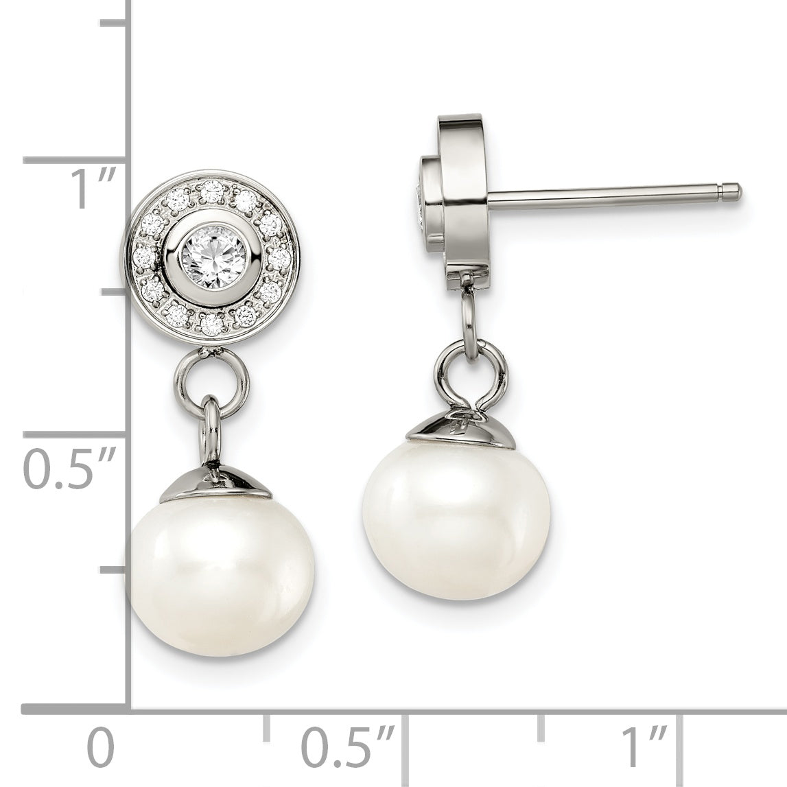 CZ & Freshwater Pearl Dangle Earrings in Stainless Steel