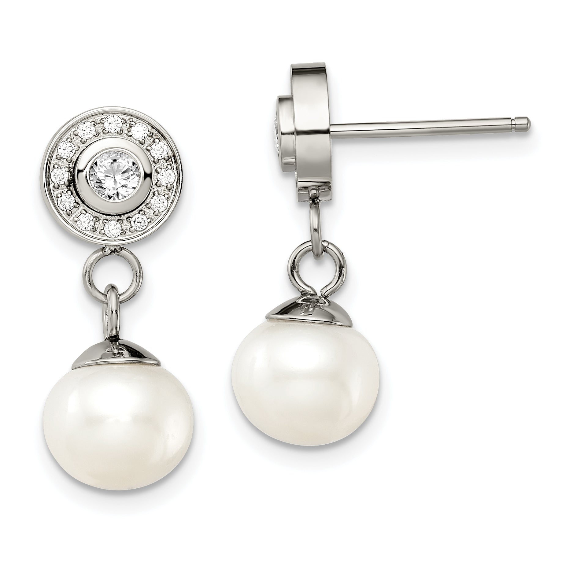 Chisel Stainless Steel Polished CZ and Freshwater Cultured Pearl Post Dangle Earrings Main image
