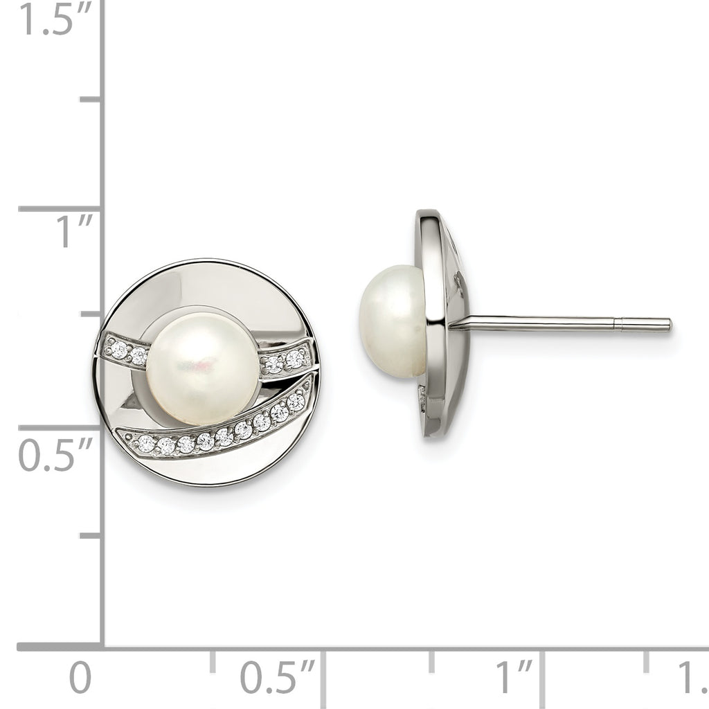 CZ & Freshwater Pearl Button Earrings in Stainless Steel