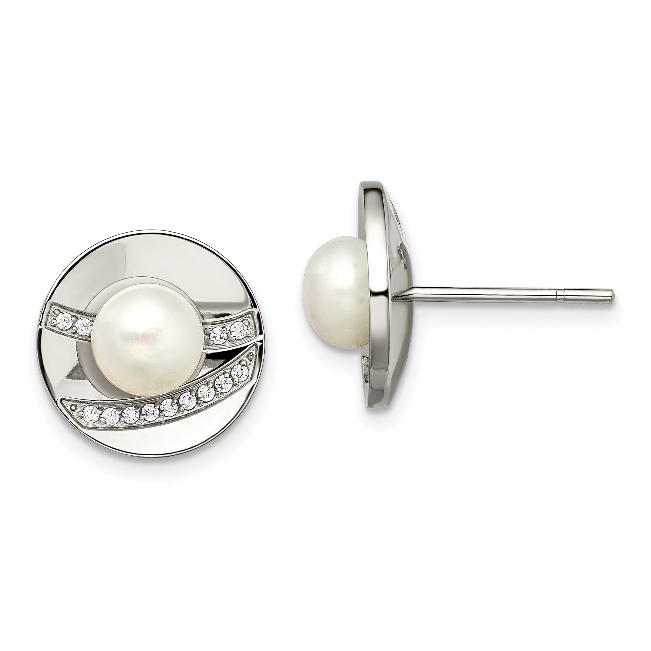 Chisel Stainless Steel Polished CZ and Freshwater Cultured Pearl Post Earrings Main image