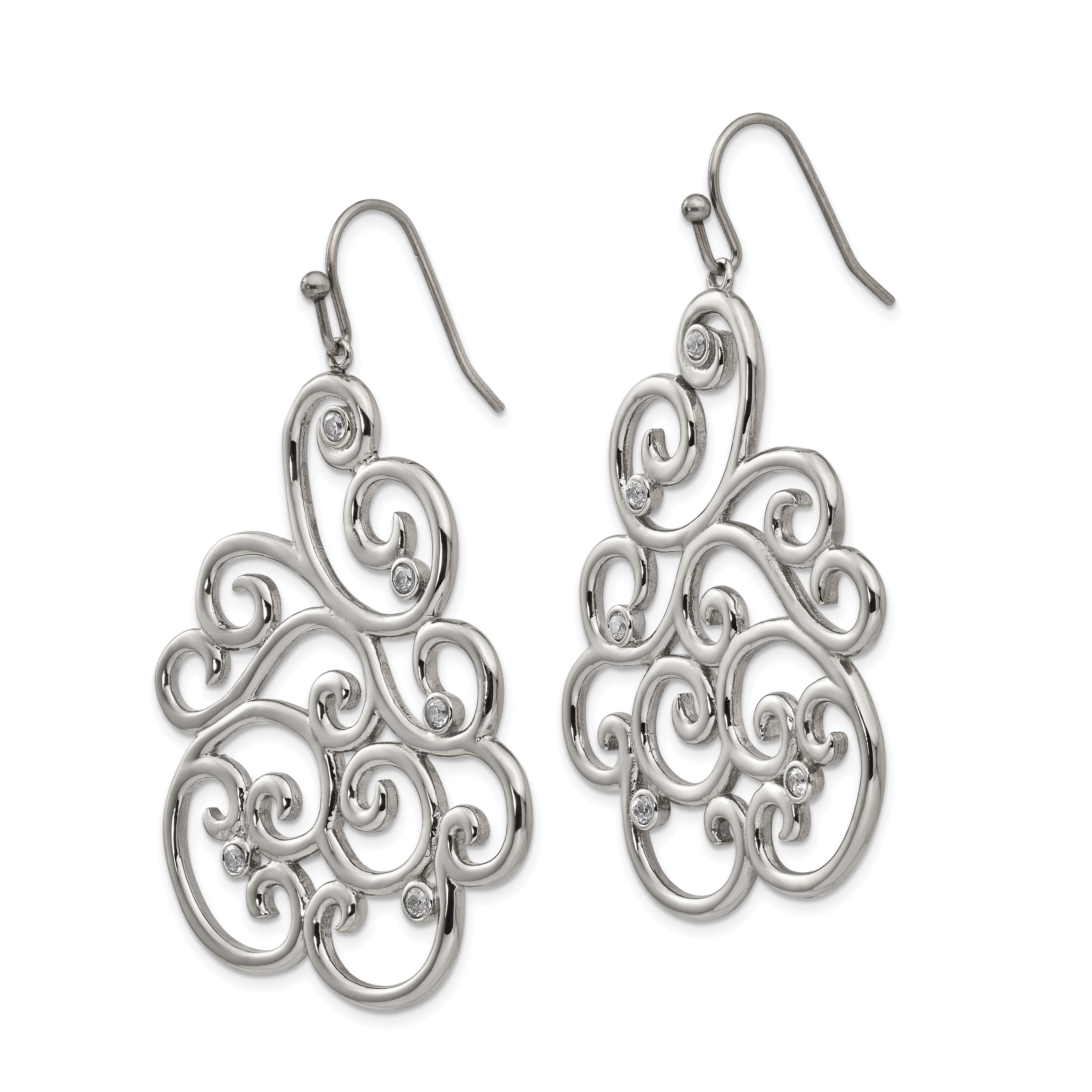 Stainless Steel Filigree Cubic Zirconia Dangle Earrings by Sophia Jewelers