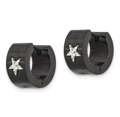 Chisel Stainless Steel Brushed Black IP-plated with Grey Carbon Fiber Star Hinged Hoop Earrings