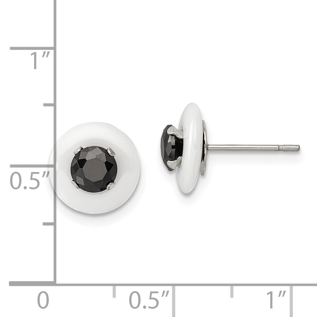 Chisel Stainless Steel Polished White Ceramic with Black CZ Post Earrings