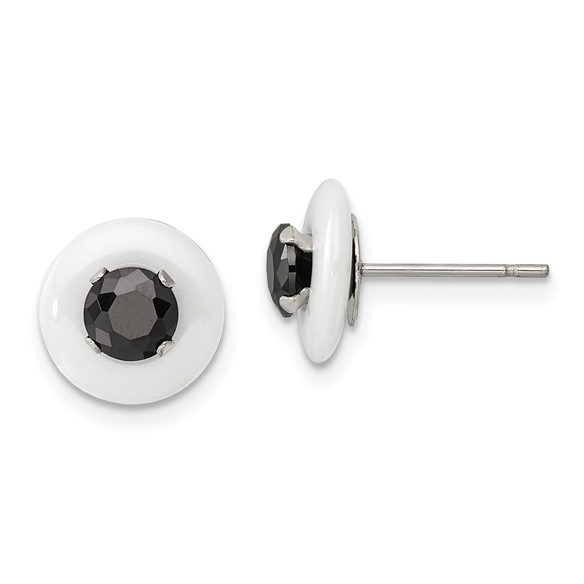 Chisel Stainless Steel Polished White Ceramic with Black CZ Post Earrings