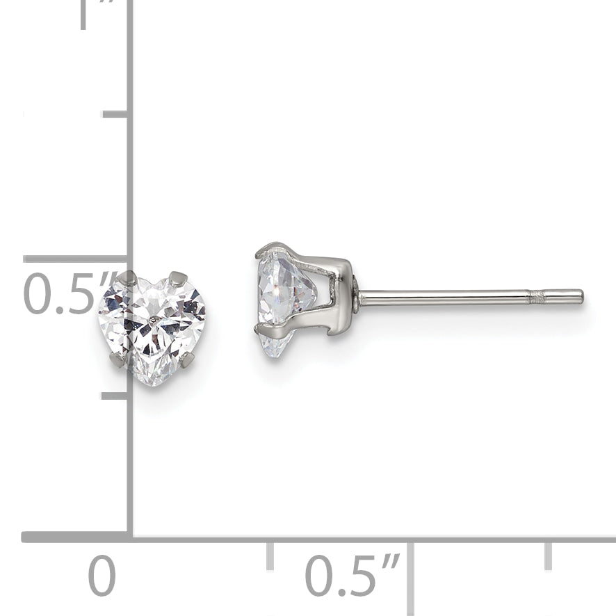 Heart CZ Stud Earrings in Stainless Steel, 5mm