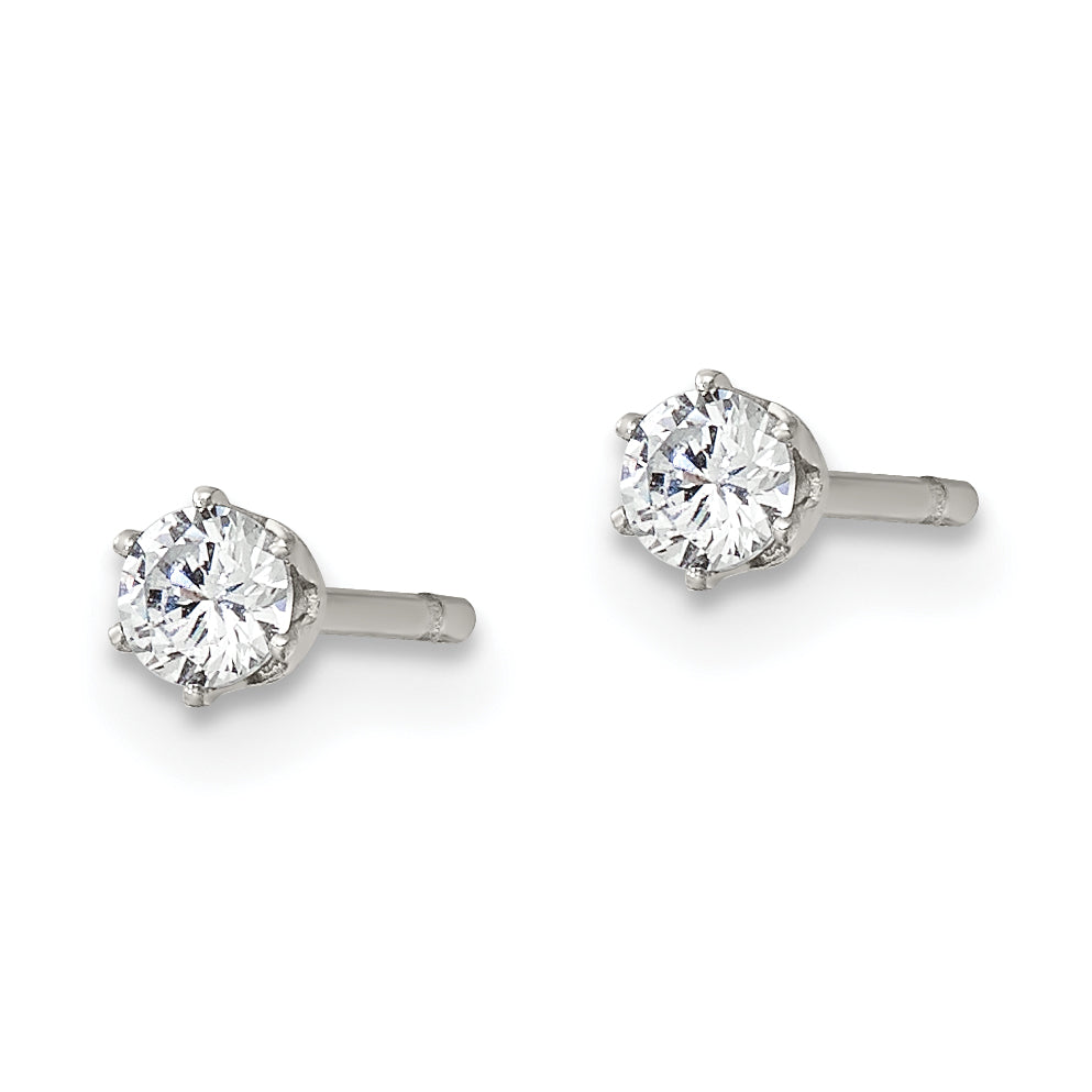 Round CZ Stud Earrings in Stainless Steel, 3mm