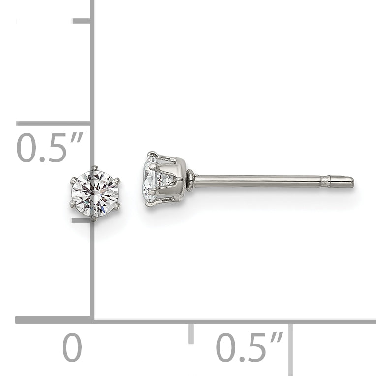 Round CZ Stud Earrings in Stainless Steel, 3mm