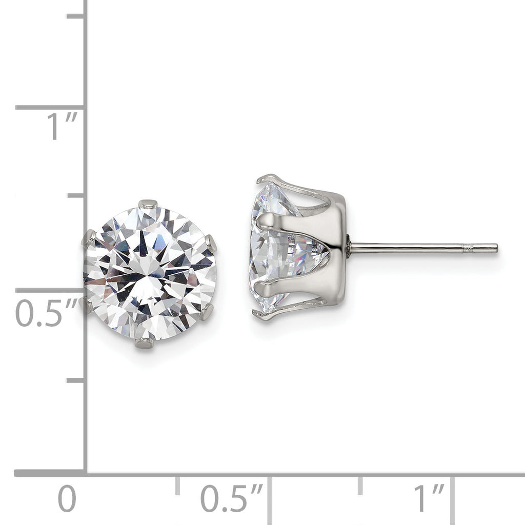 Round CZ Stud Earrings in Stainless Steel, 9mm