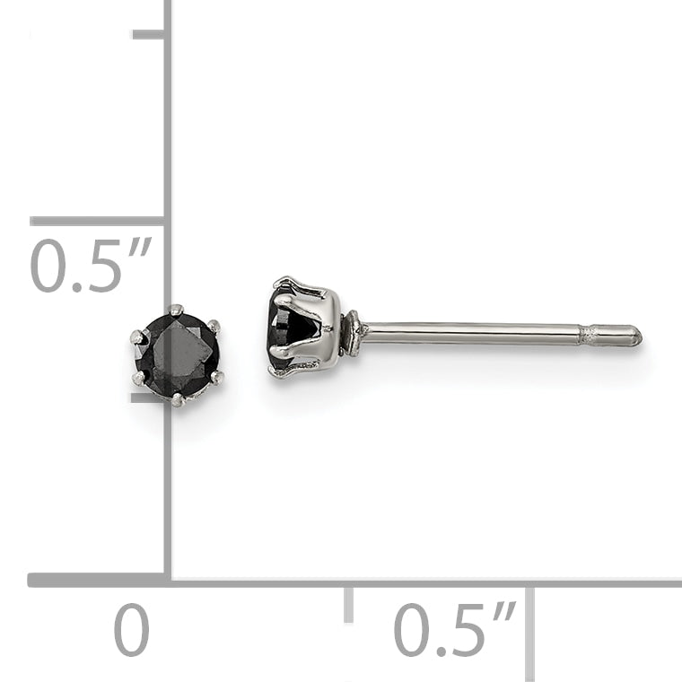 Black CZ Stud Earrings in Stainless Steel, 3mm