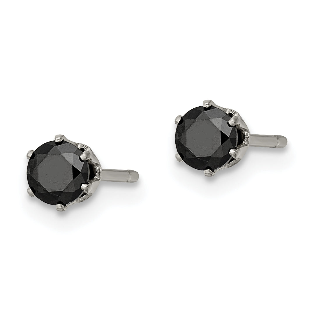Black CZ Round Stud Earrings in Stainless Steel, 4mm