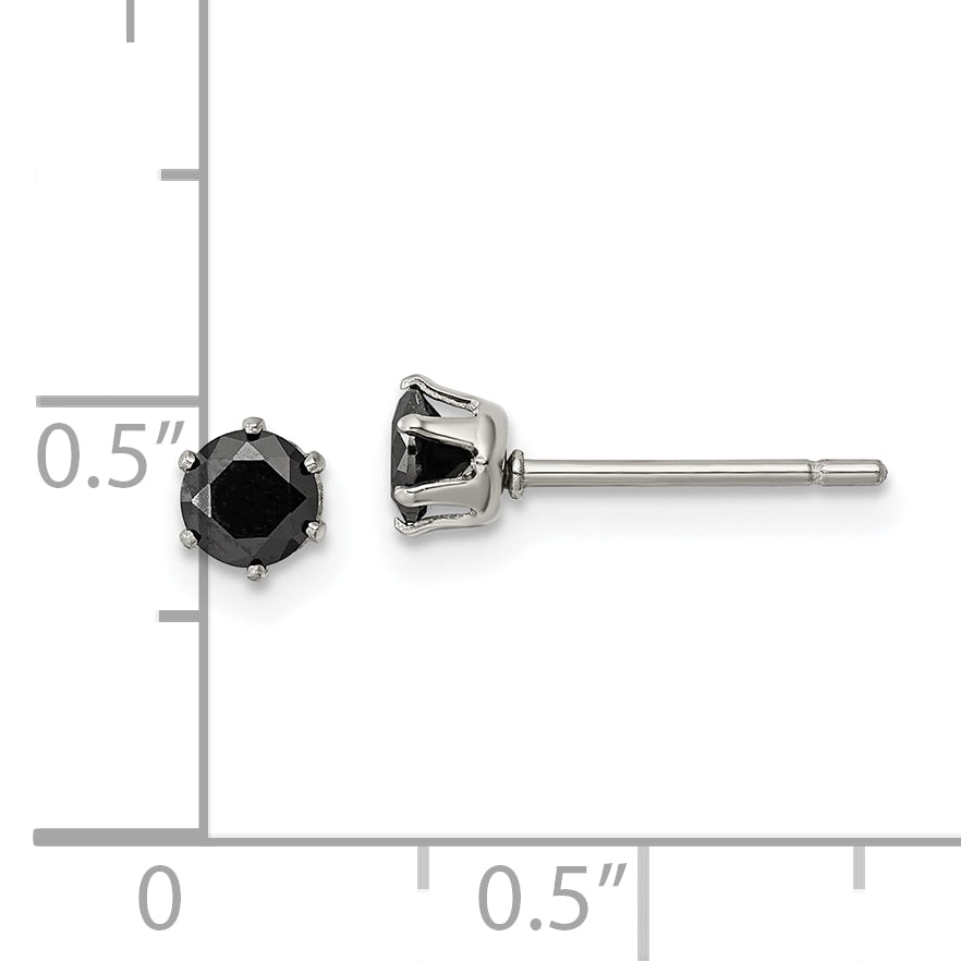 Black CZ Round Stud Earrings in Stainless Steel, 4mm