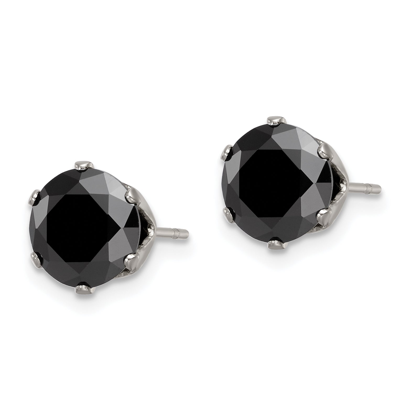 Black CZ Round Stud Earrings in Stainless Steel, 8mm