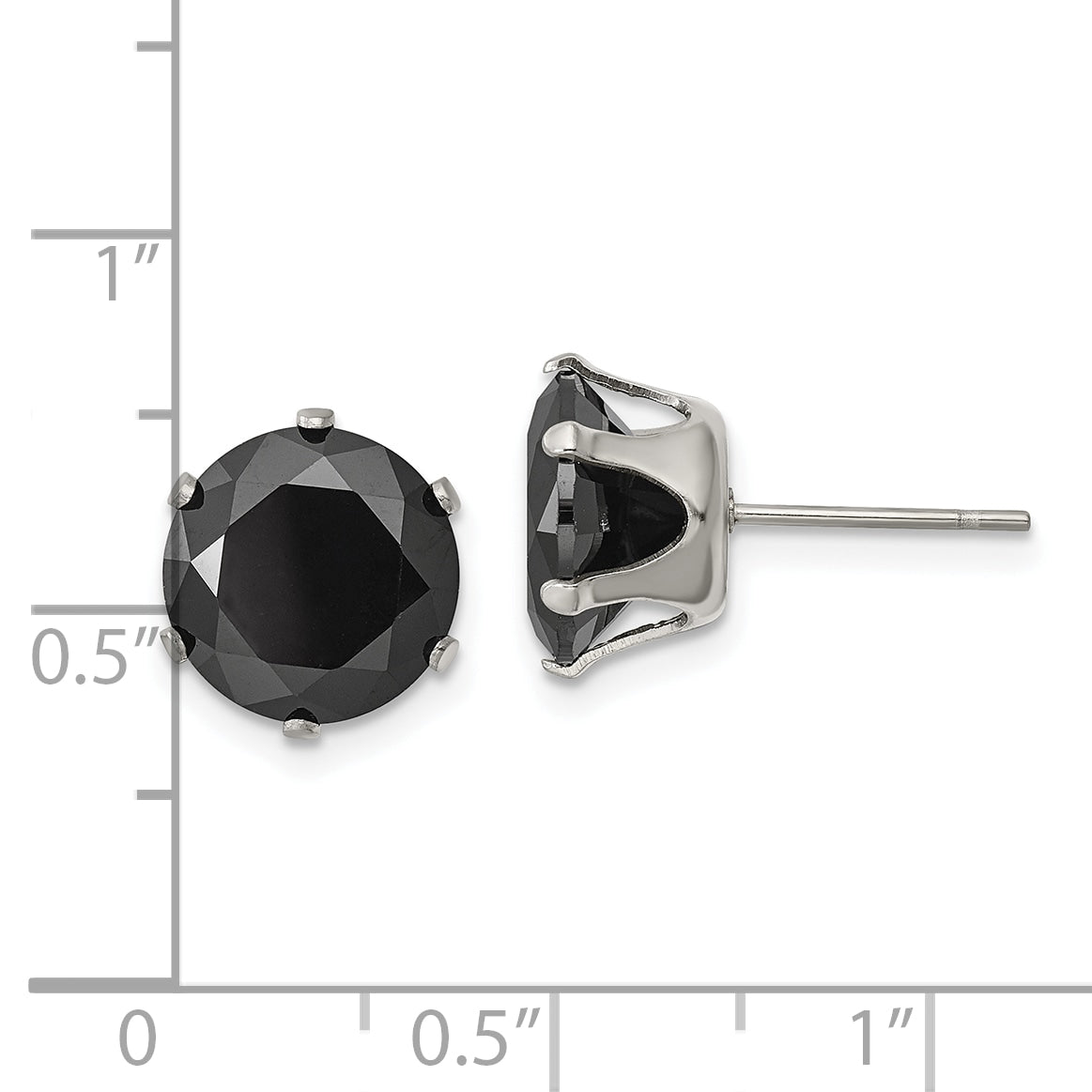 Black CZ Round Stud Earrings in Stainless Steel, 10mm