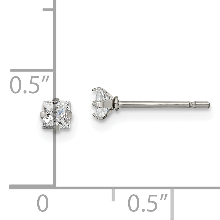 Chisel Stainless Steel Polished 3mm Square CZ Stud Post Earrings