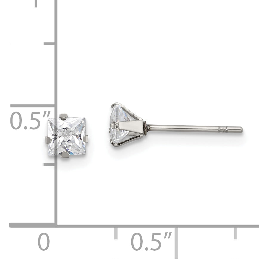 Square CZ Stud Earrings in Stainless Steel, 4mm