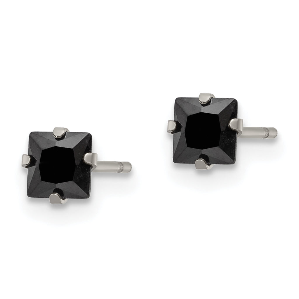 Black CZ Square Stud Earrings in Stainless Steel, 4mm