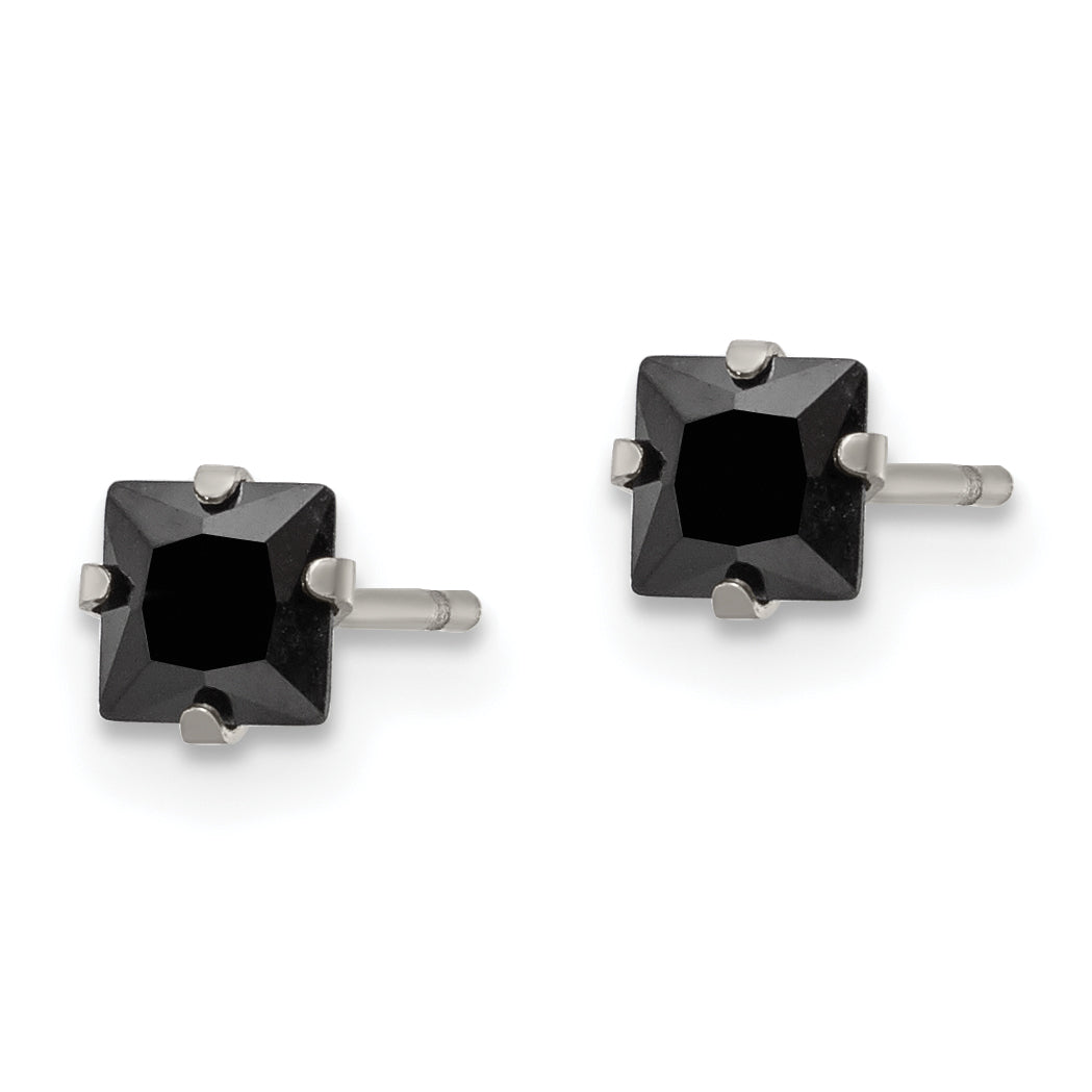 Black CZ Square Stud Earrings in Stainless Steel, 4mm