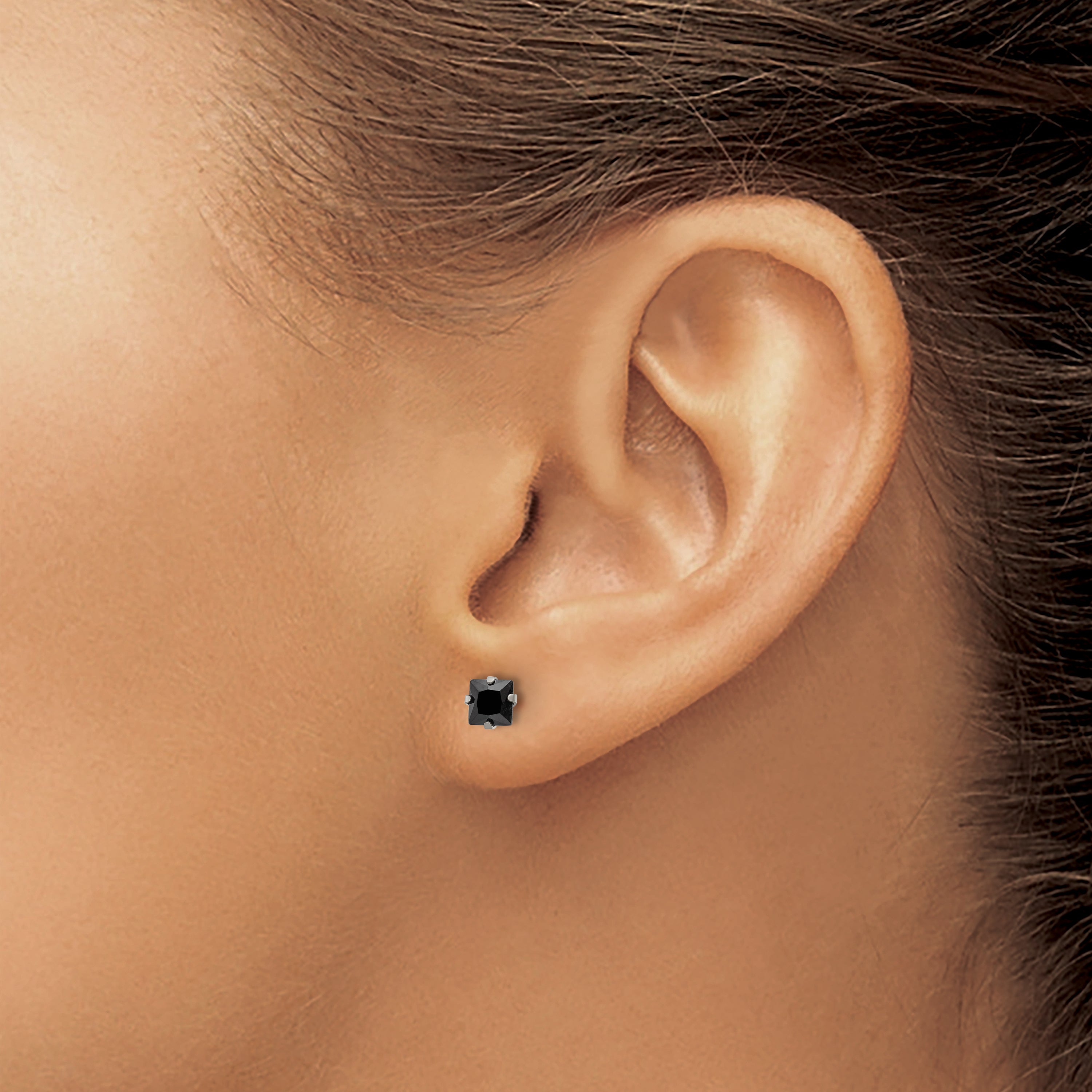 Black CZ Square Stud Earrings in Stainless Steel, 4mm