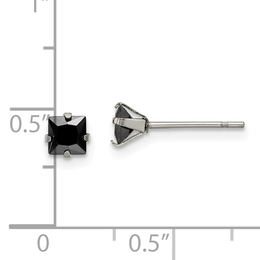 Black CZ Square Stud Earrings in Stainless Steel, 4mm