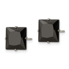 Black CZ Square Stud Earrings in Stainless Steel, 9mm