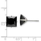 Black CZ Square Stud Earrings in Stainless Steel, 9mm