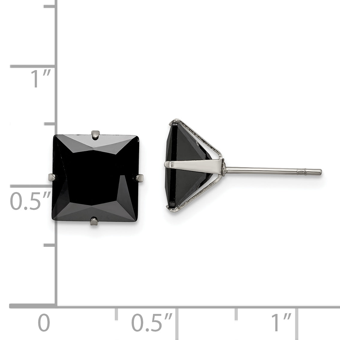 Black CZ Square Stud Earrings in Stainless Steel, 9mm