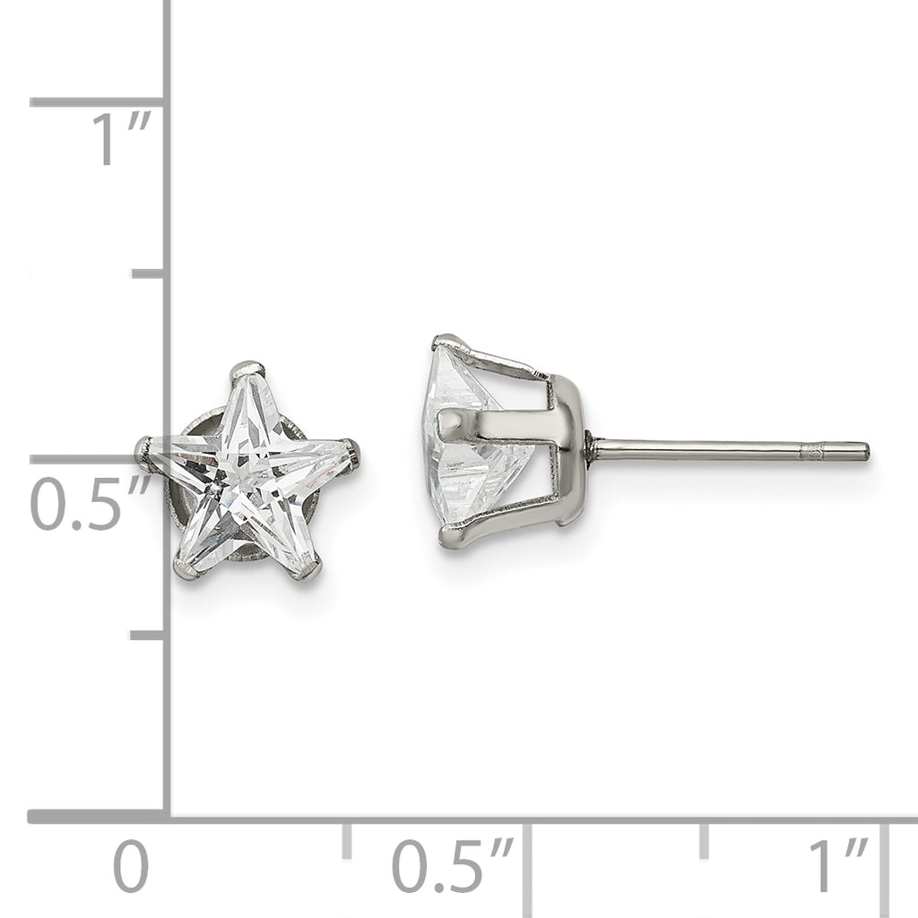 Star CZ Stud Earrings in Stainless Steel, 7mm