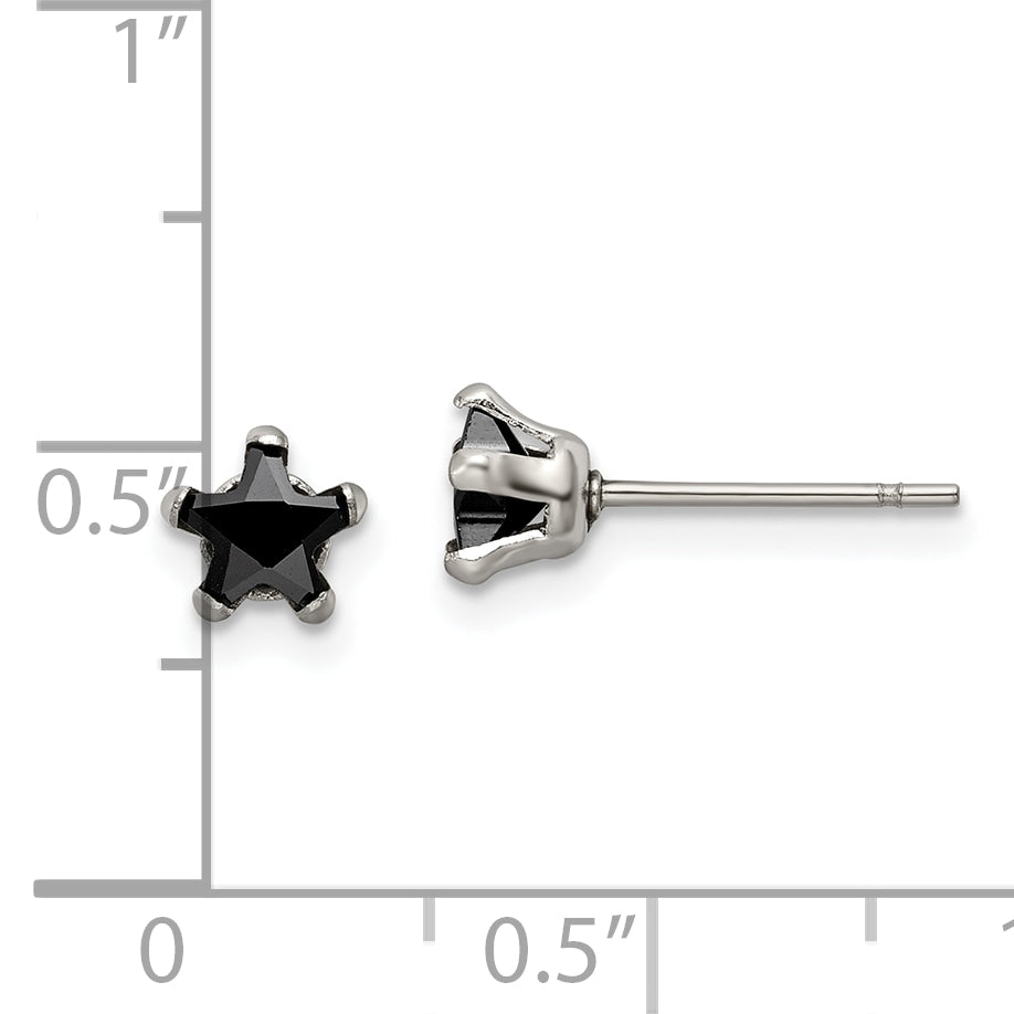 Black Star CZ Stud Earrings in Stainless Steel, 5mm