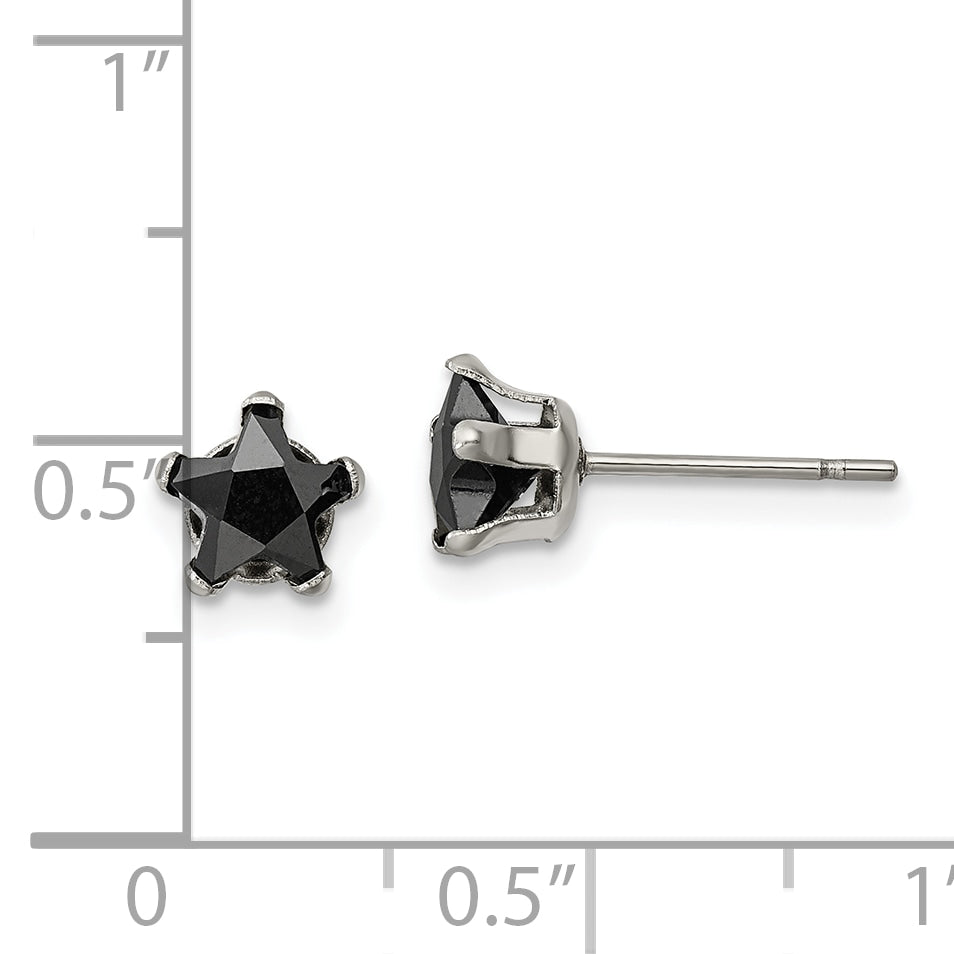 Black Star CZ Stud Earrings in Stainless Steel, 6mm
