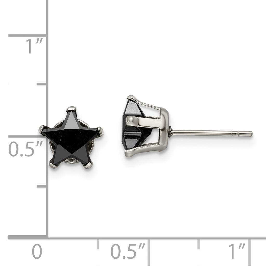 Black Star CZ Stud Earrings in Stainless Steel, 7mm