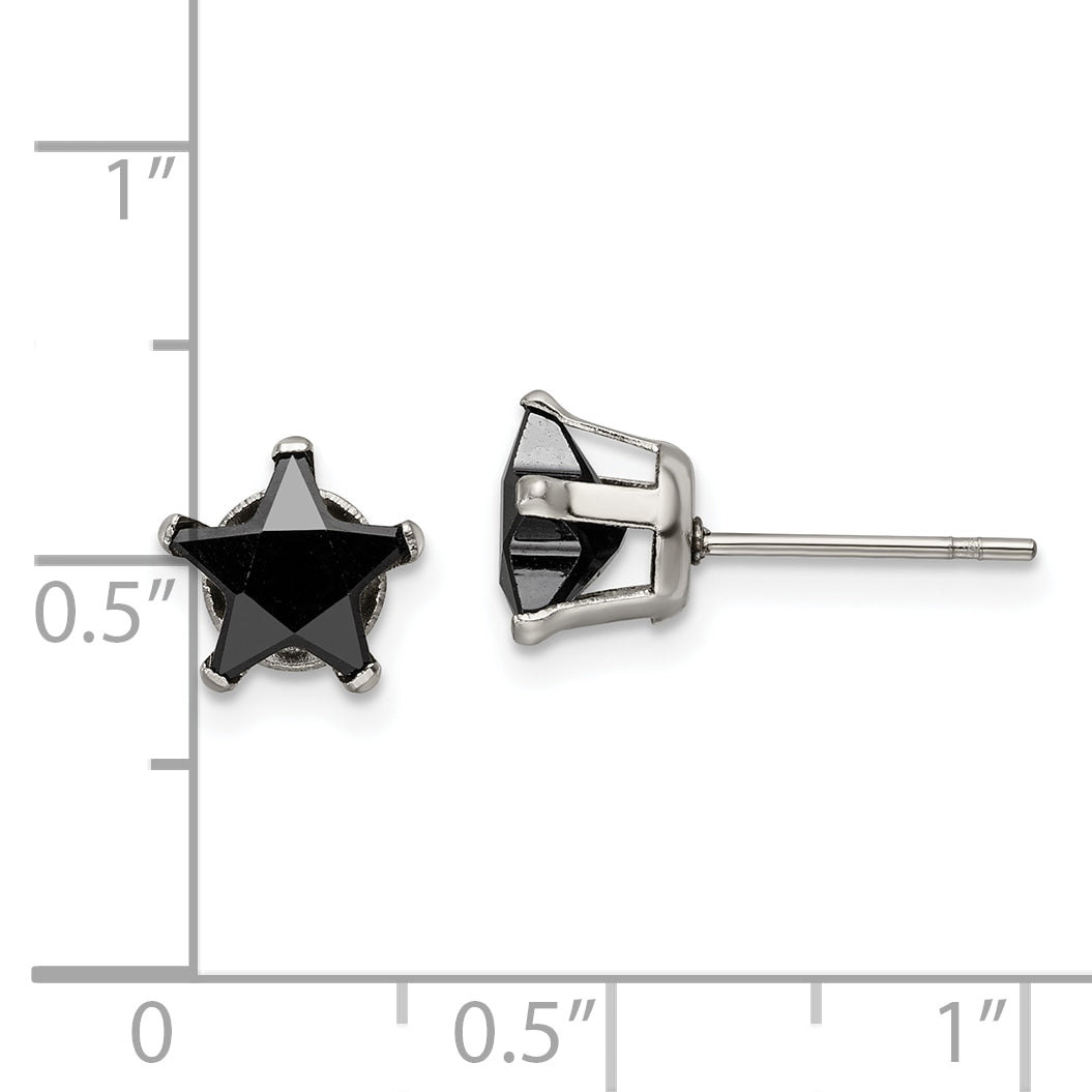 Black Star CZ Stud Earrings in Stainless Steel, 7mm