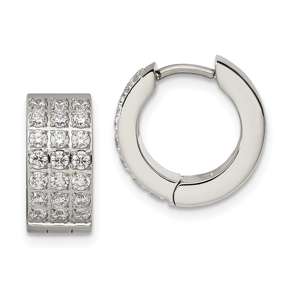 Chisel Stainless Steel Polished with 3 Rows of CZ 2.4mm Hinged Hoop Earrings