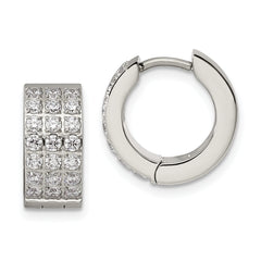 Chisel Stainless Steel Polished with 3 Rows of CZ 2.4mm Hinged Hoop Earrings