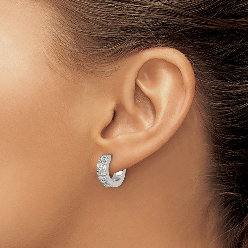 Chisel Stainless Steel Polished with 2 Rows of CZ 2.3mm Hinged Hoop Earrings