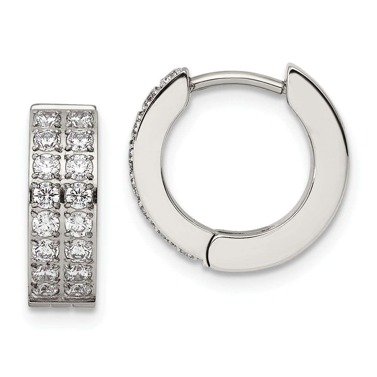 Chisel Stainless Steel Polished with 2 Rows of CZ 2.3mm Hinged Hoop Earrings