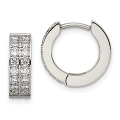 Chisel Stainless Steel Polished with 2 Rows of CZ 2.3mm Hinged Hoop Earrings