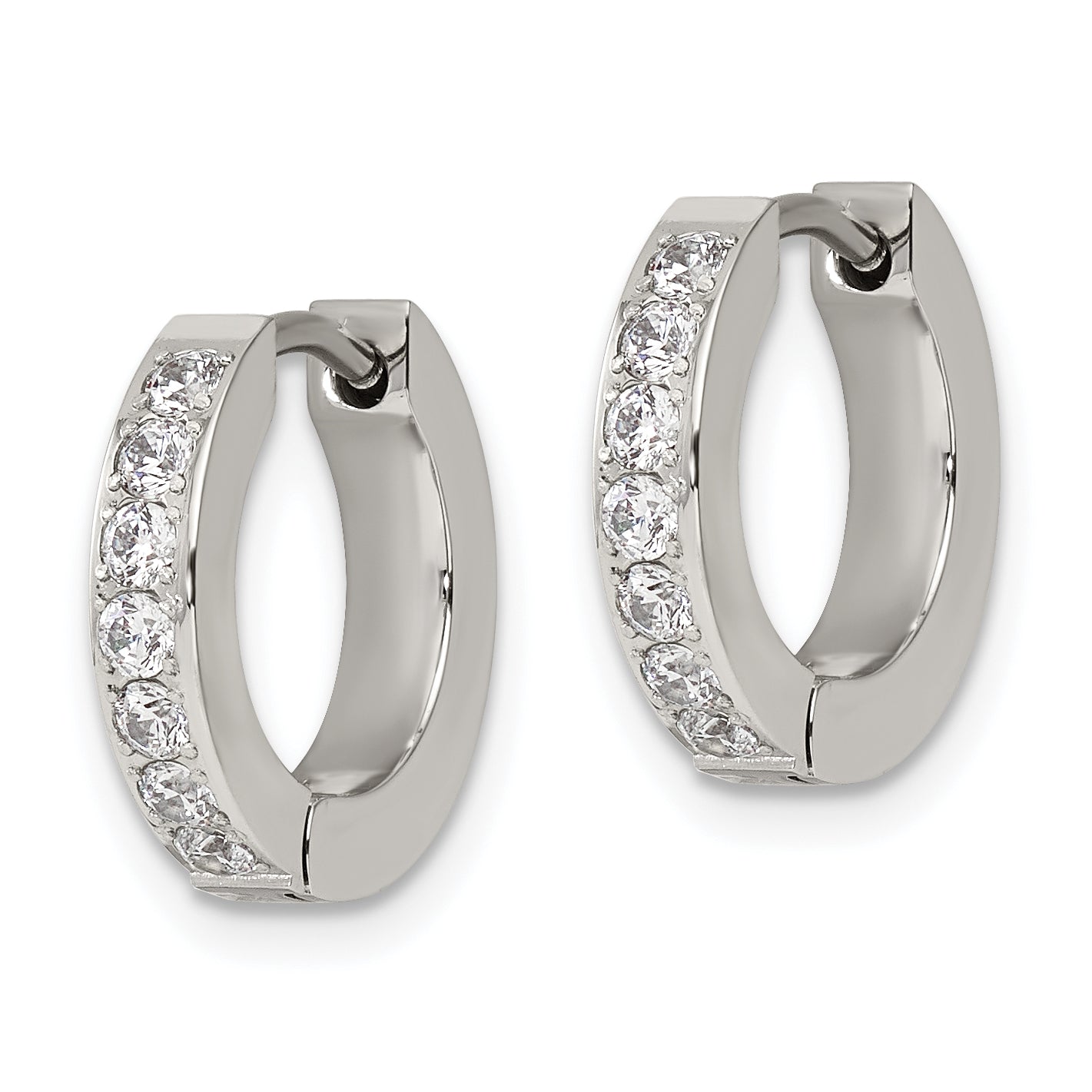 Chisel Stainless Steel Polished with 1 Row of CZ 2.3mm Hinged Hoop Earrings