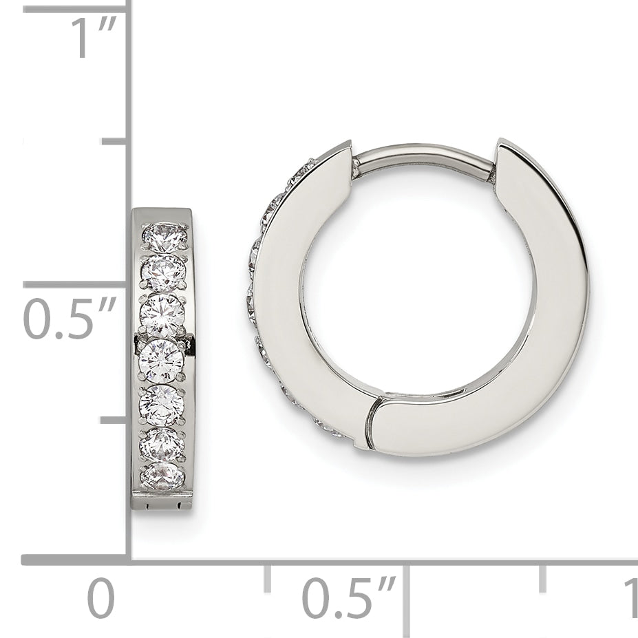 Chisel Stainless Steel Polished with 1 Row of CZ 2.3mm Hinged Hoop Earrings