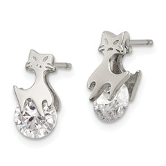 Chisel Stainless Steel Polished Cat with CZ Post Earrings