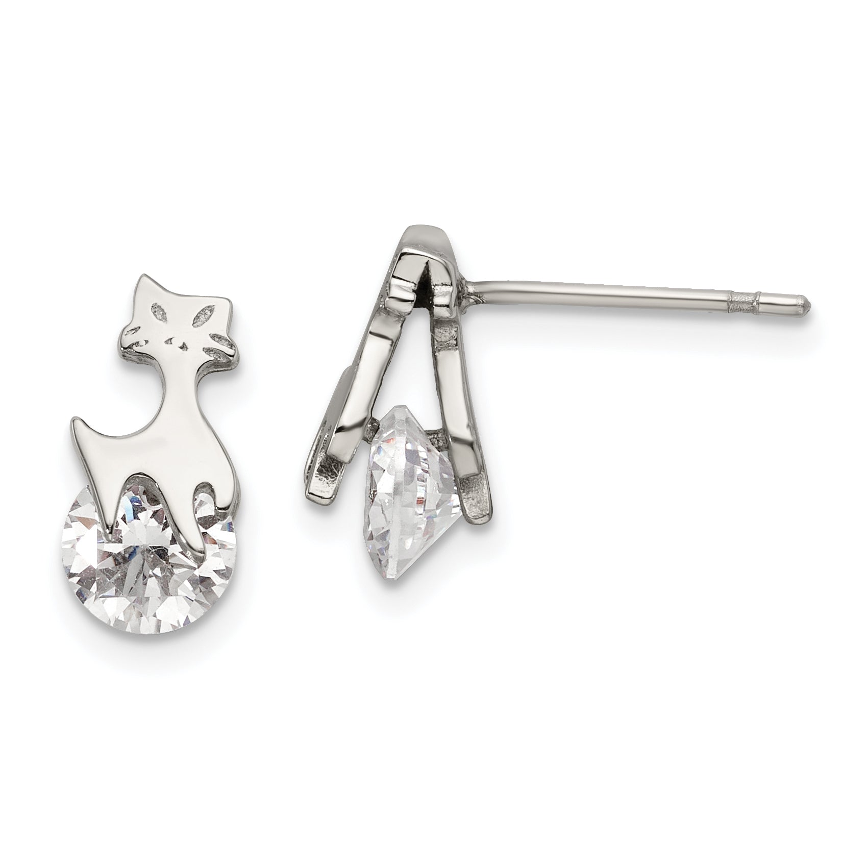 Chisel Stainless Steel Polished Cat with CZ Post Earrings