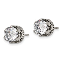 Chisel Stainless Steel Antiqued and Polished CZ Crown Post Earrings