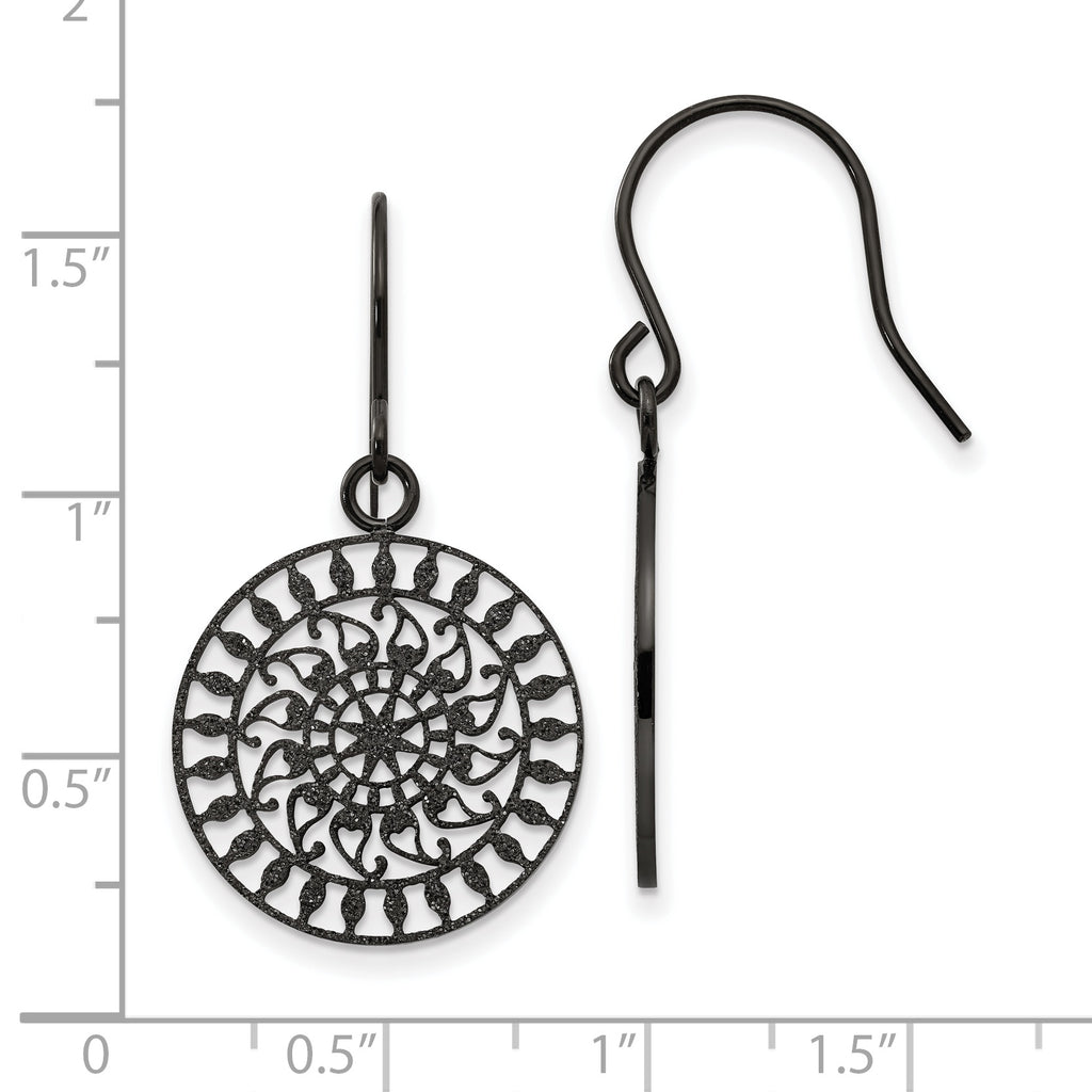 Stainless Steel Polished Black IP-plated Laser Cut Shepherd Hook Earrings