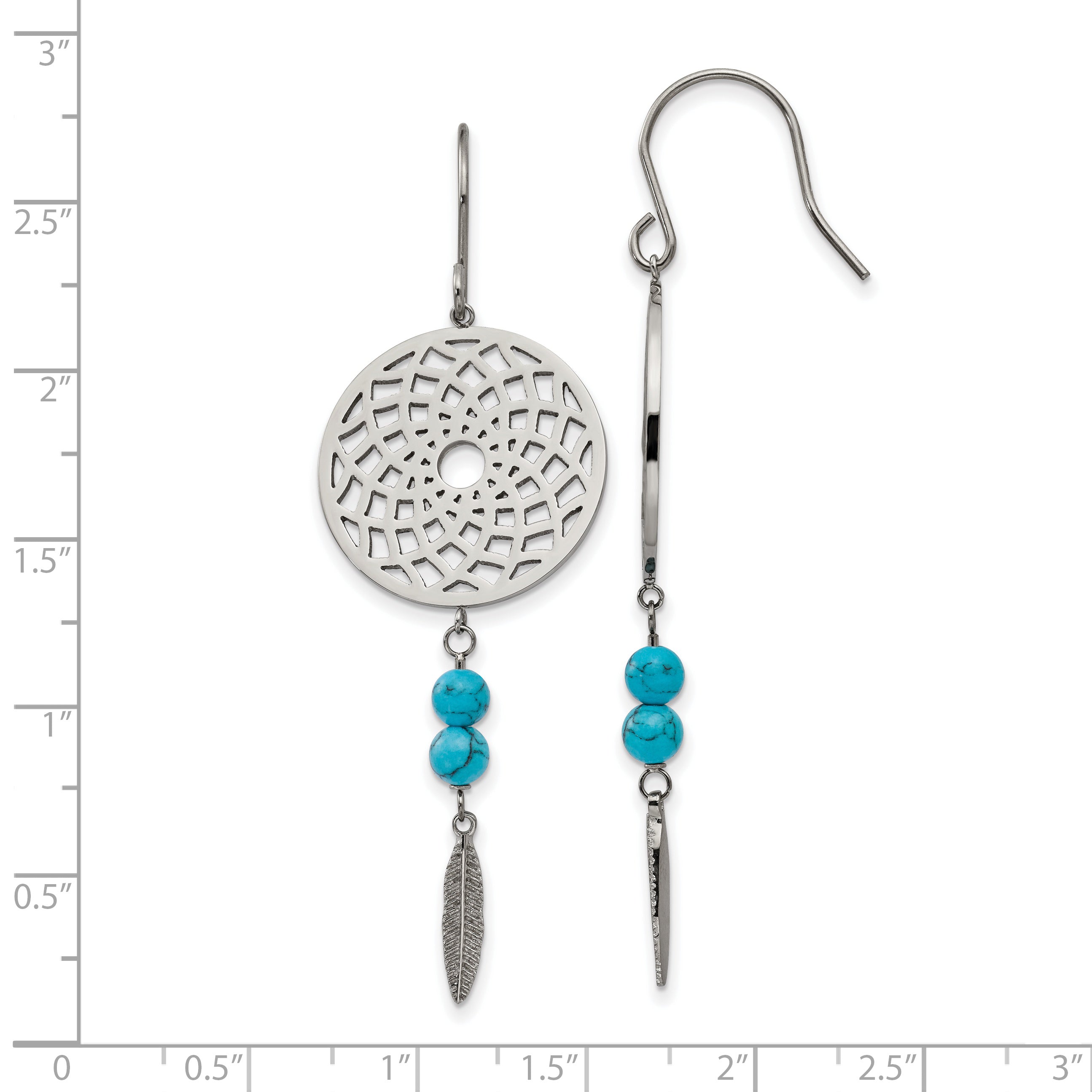 Stainless Steel Polished w/Imit.Turquoise Dreamcatcher Dangle Earrings