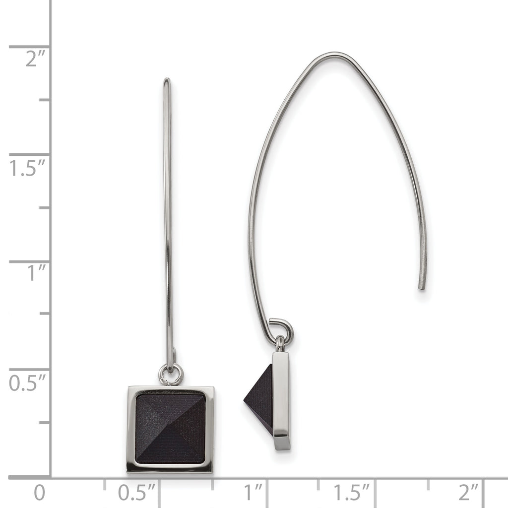 Stainless Steel Polished w/Blk Carbon Fiber Dangle Shepherd Hook Earrings