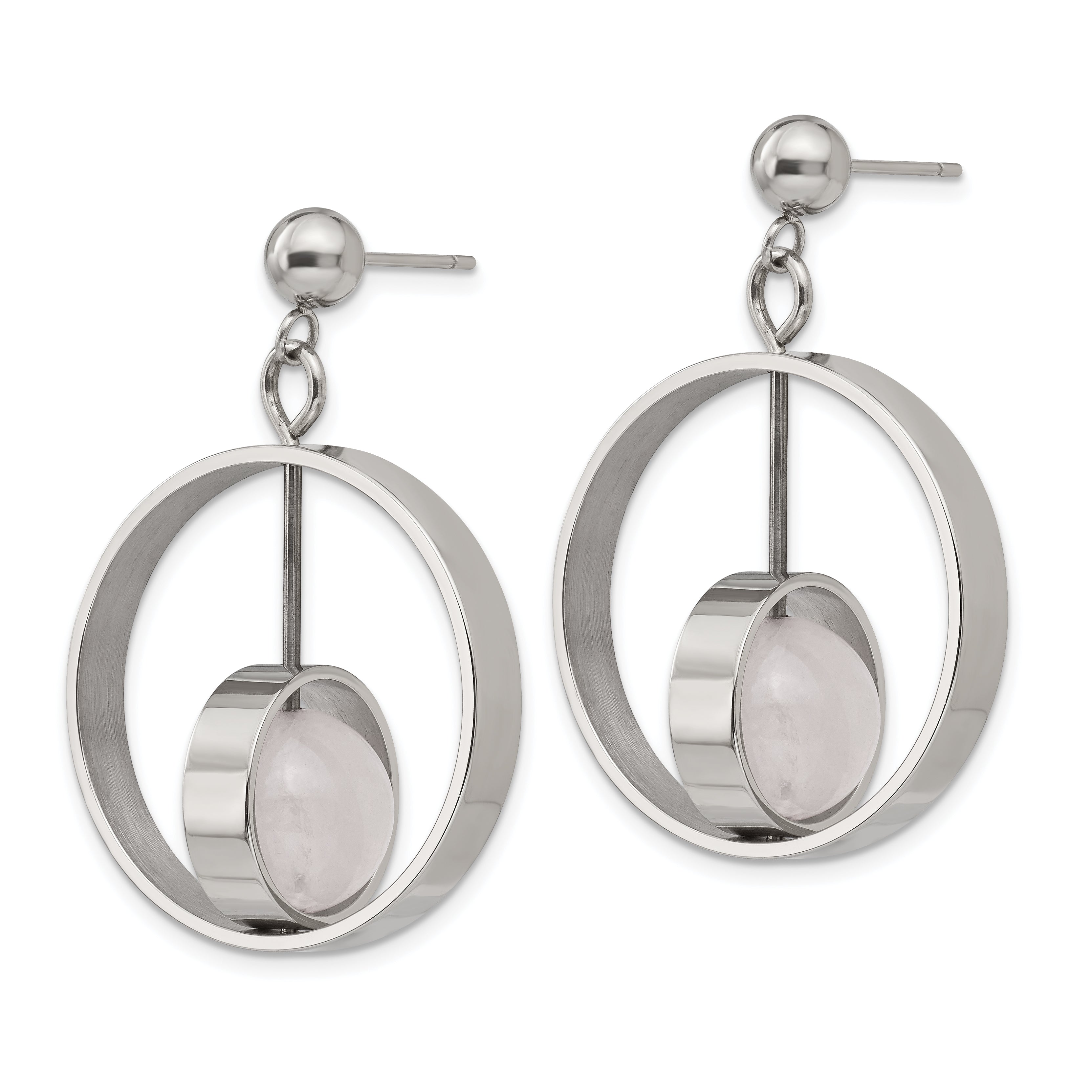 Stainless Steel Polished with Rose Quartz Moveable Post Dangle Earrings