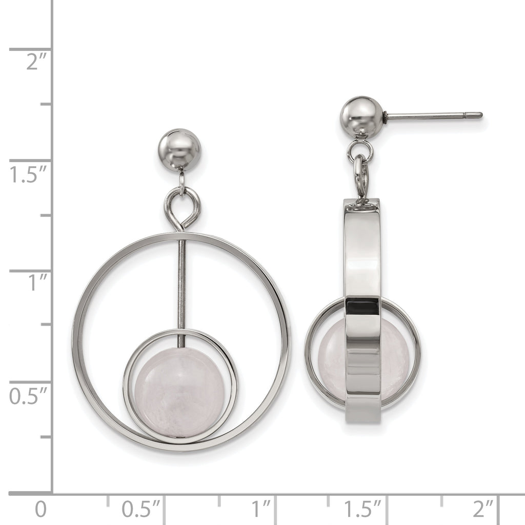 Stainless Steel Polished with Rose Quartz Moveable Post Dangle Earrings