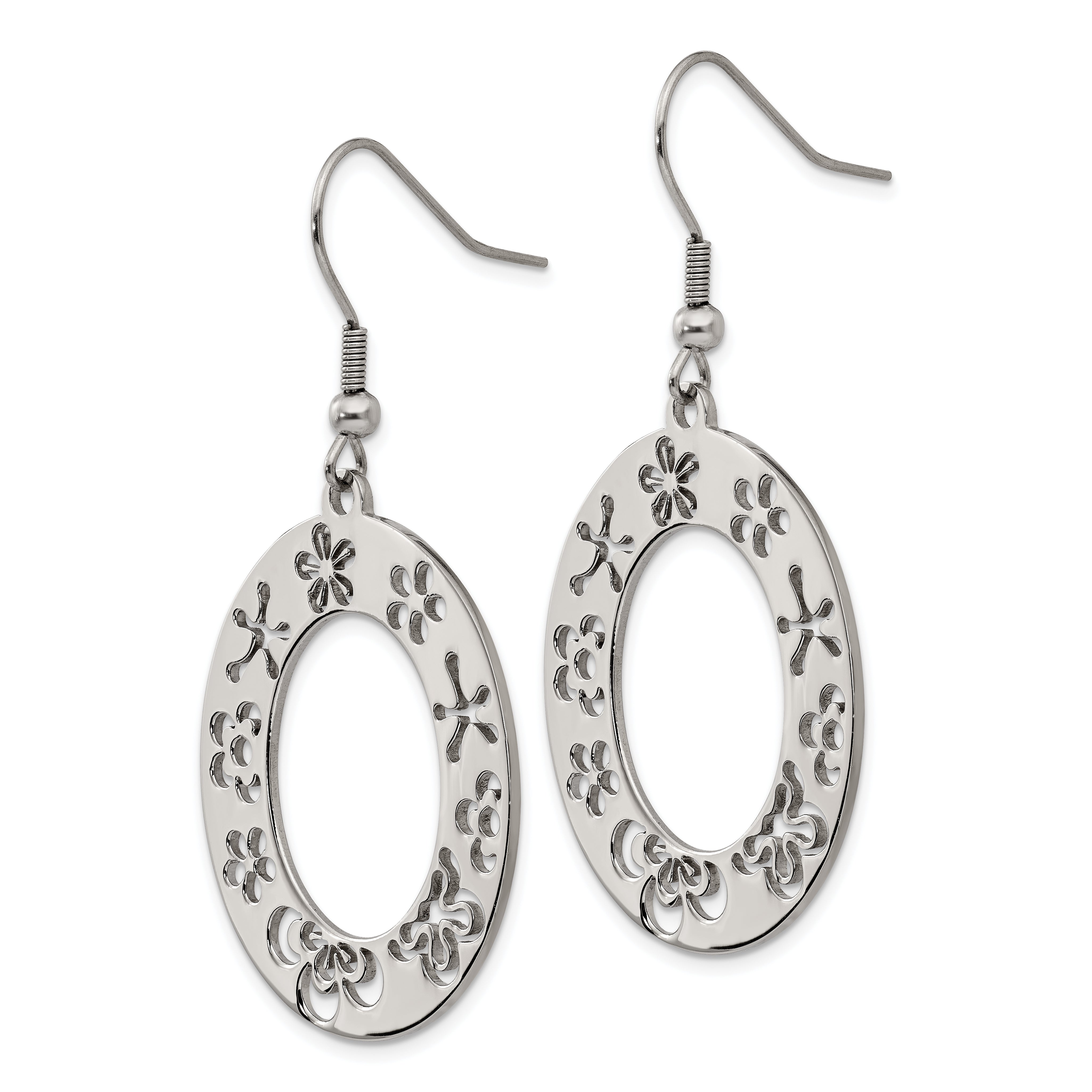 Stainless Steel Polished Flower Cut Out Shepherd Hook Earrings
