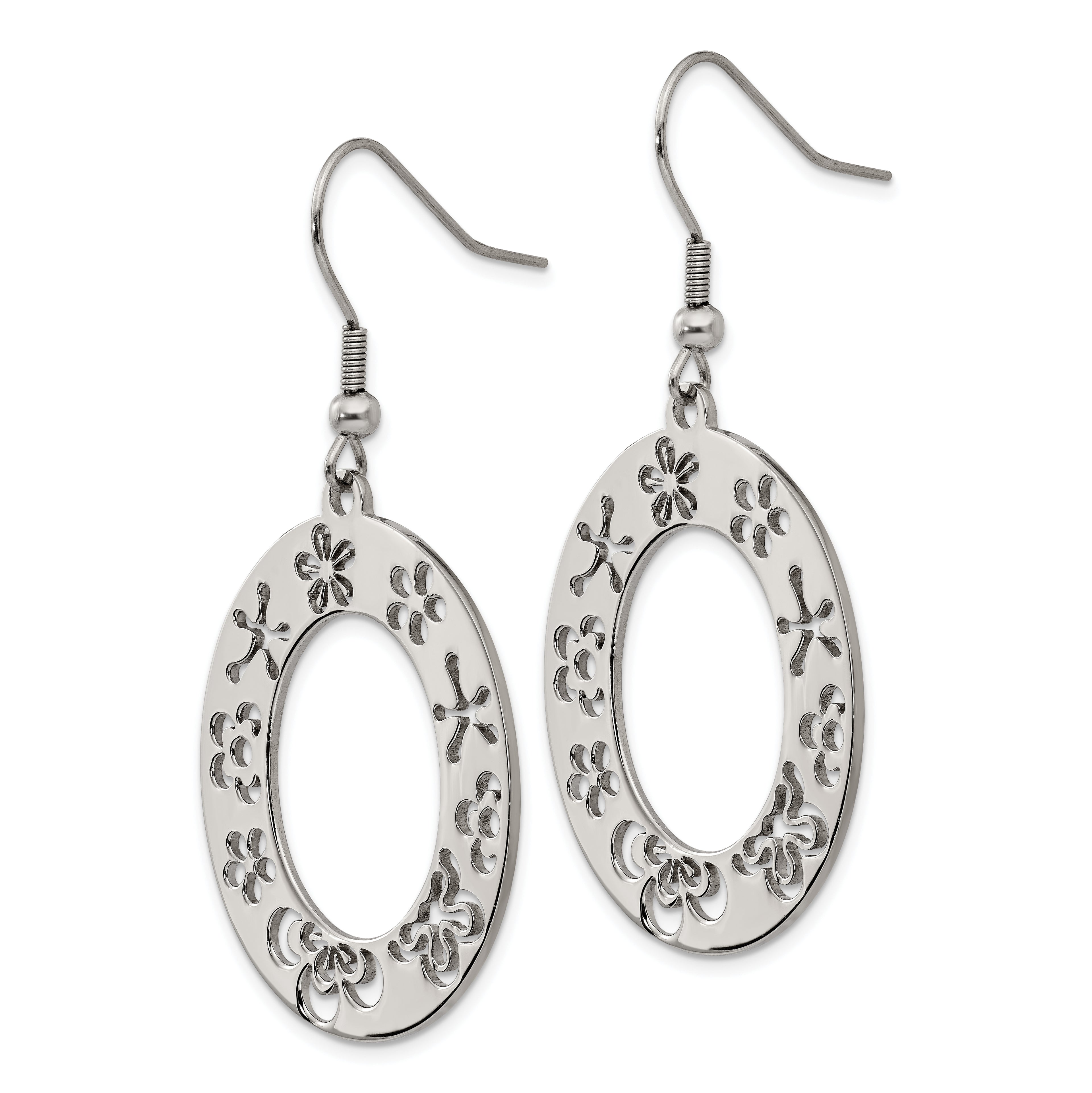 Stainless Steel Polished Flower Cut Out Shepherd Hook Earrings